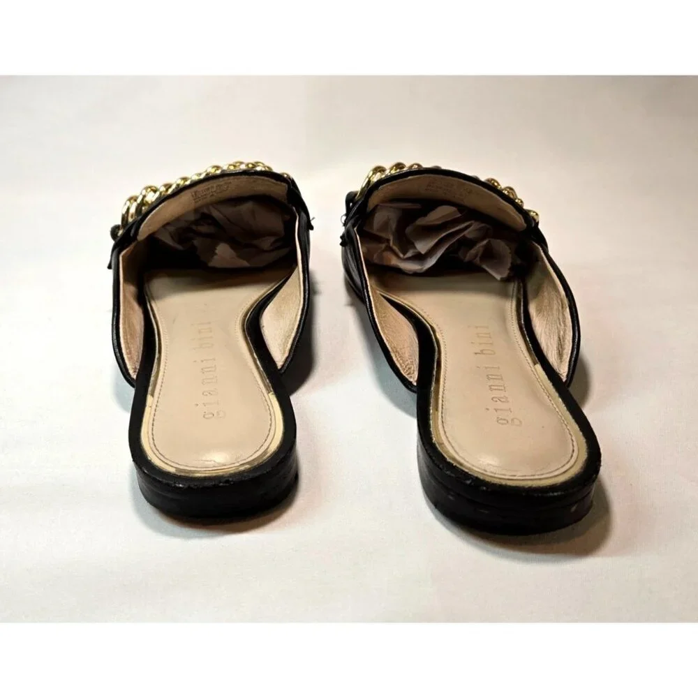 Gianni Bini Black Flat Mule Slip-On Gold Chain Sz 7 Leather Embellished Career - Picture 5 of 10